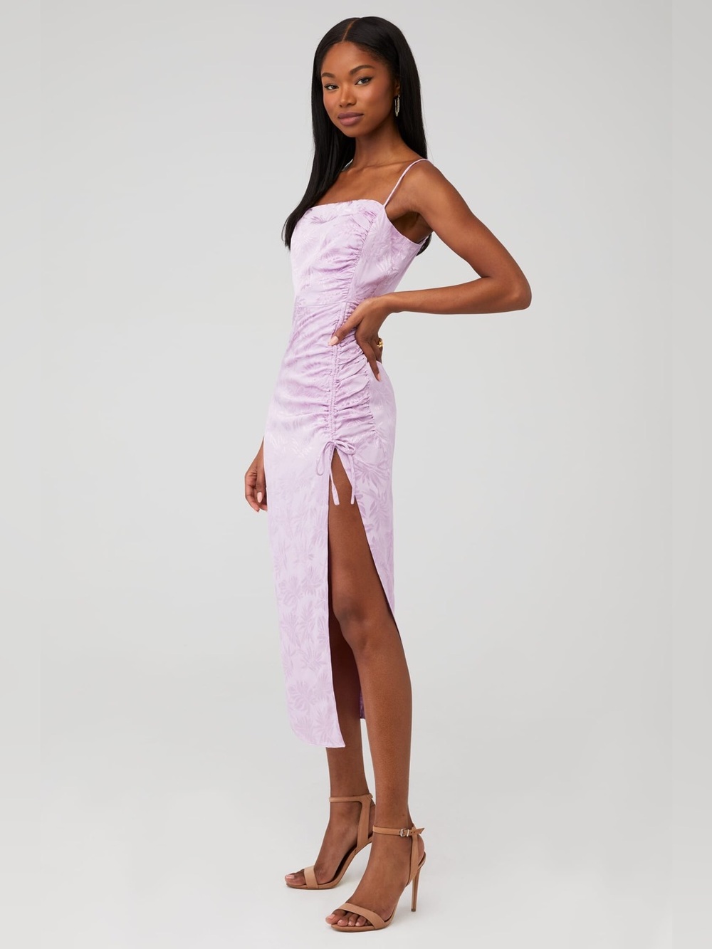 Saylor Gardenia Dress Medium Lavender Floral Ruched Side Slit Midi Dress